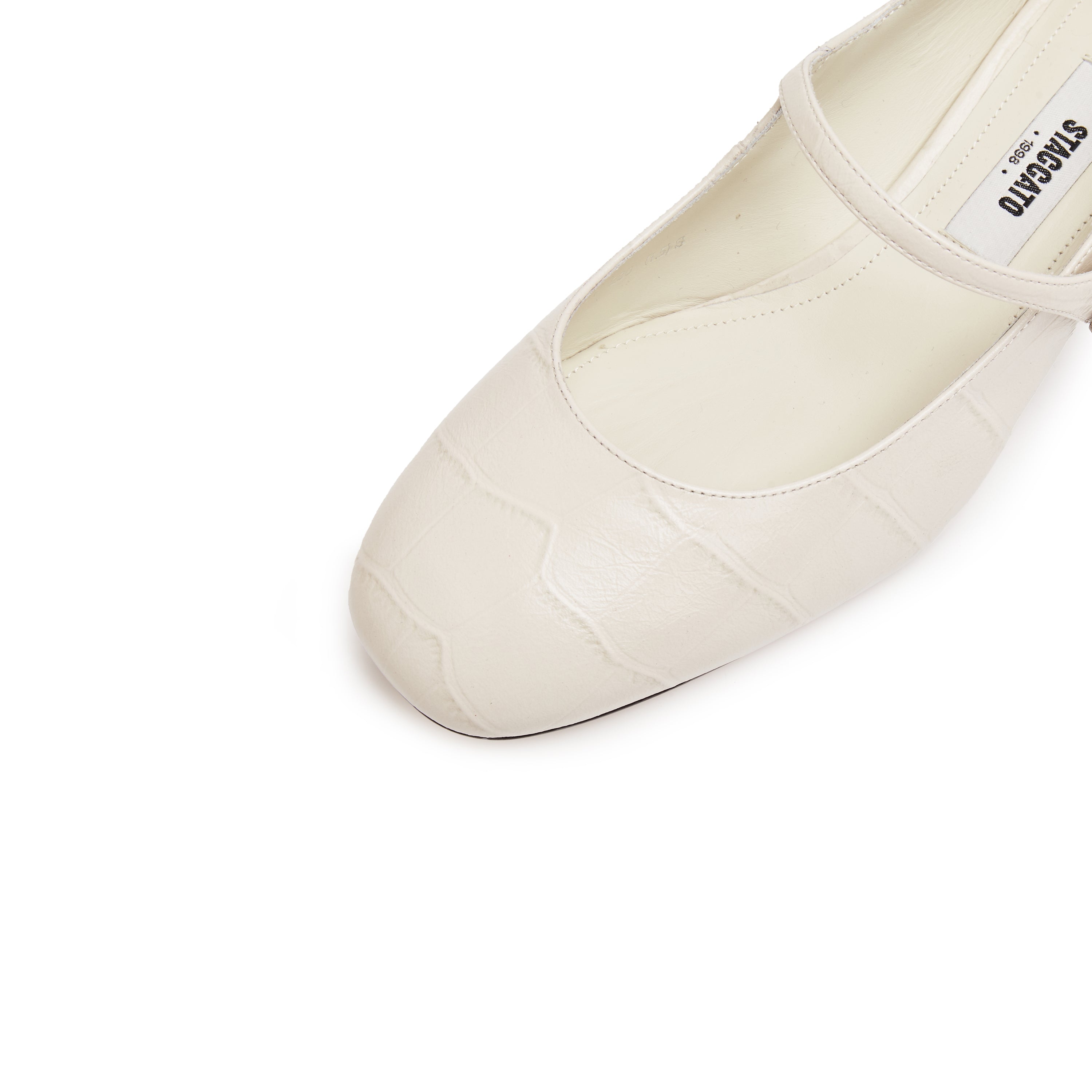 Beige Embossed Heeled Crystal Mary Jane