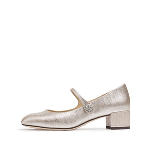 Light Gold Shiny Round Toe Heeled Mary Jane