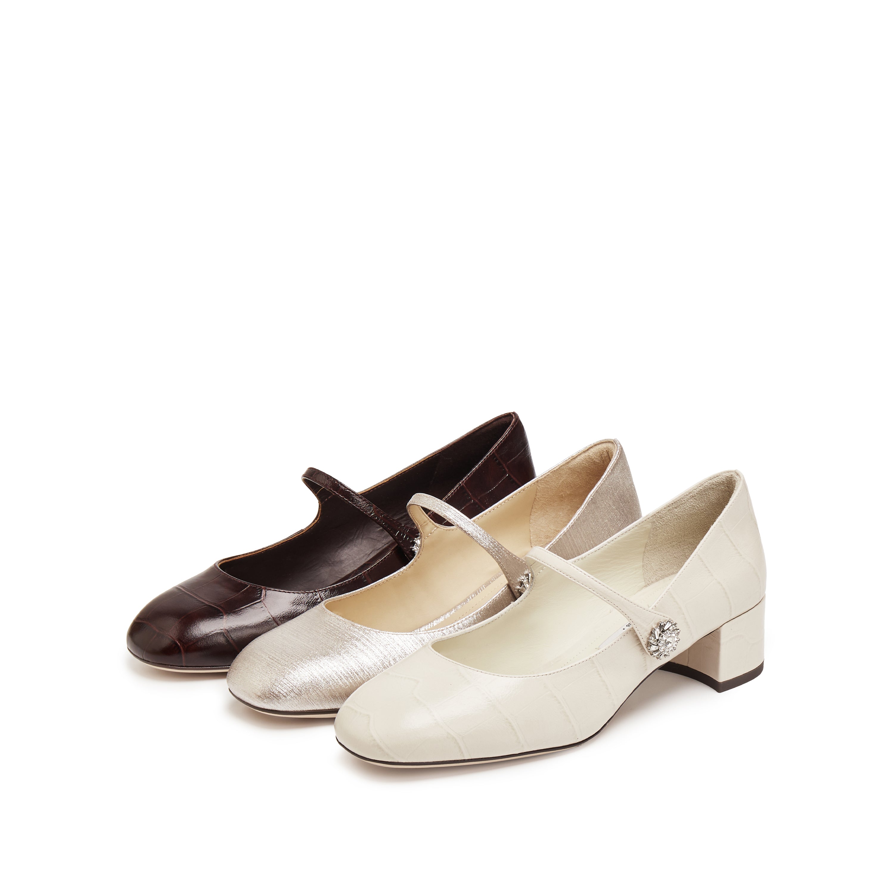 Light Gold Shiny Round Toe Heeled Mary Jane