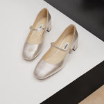 Load image into Gallery viewer, Light Gold Shiny Round Toe Heeled Mary Jane

