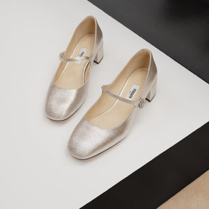 Light Gold Shiny Round Toe Heeled Mary Jane