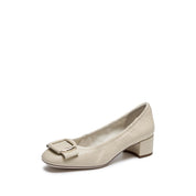 Beige Square Buckle Block Heel Pumps