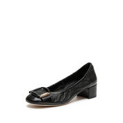 Black Square Buckle Block Heel Pumps