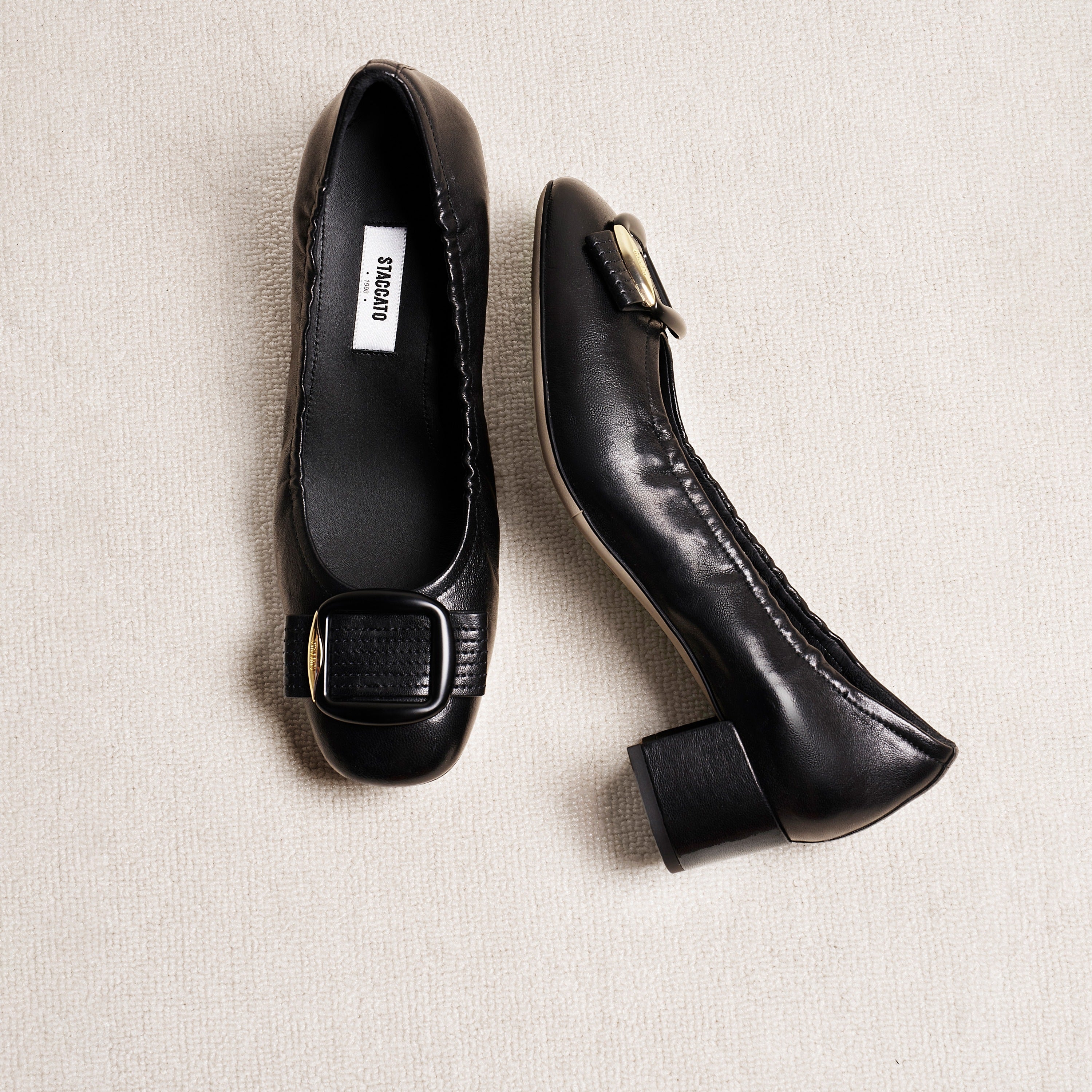Black Square Buckle Block Heel Pumps