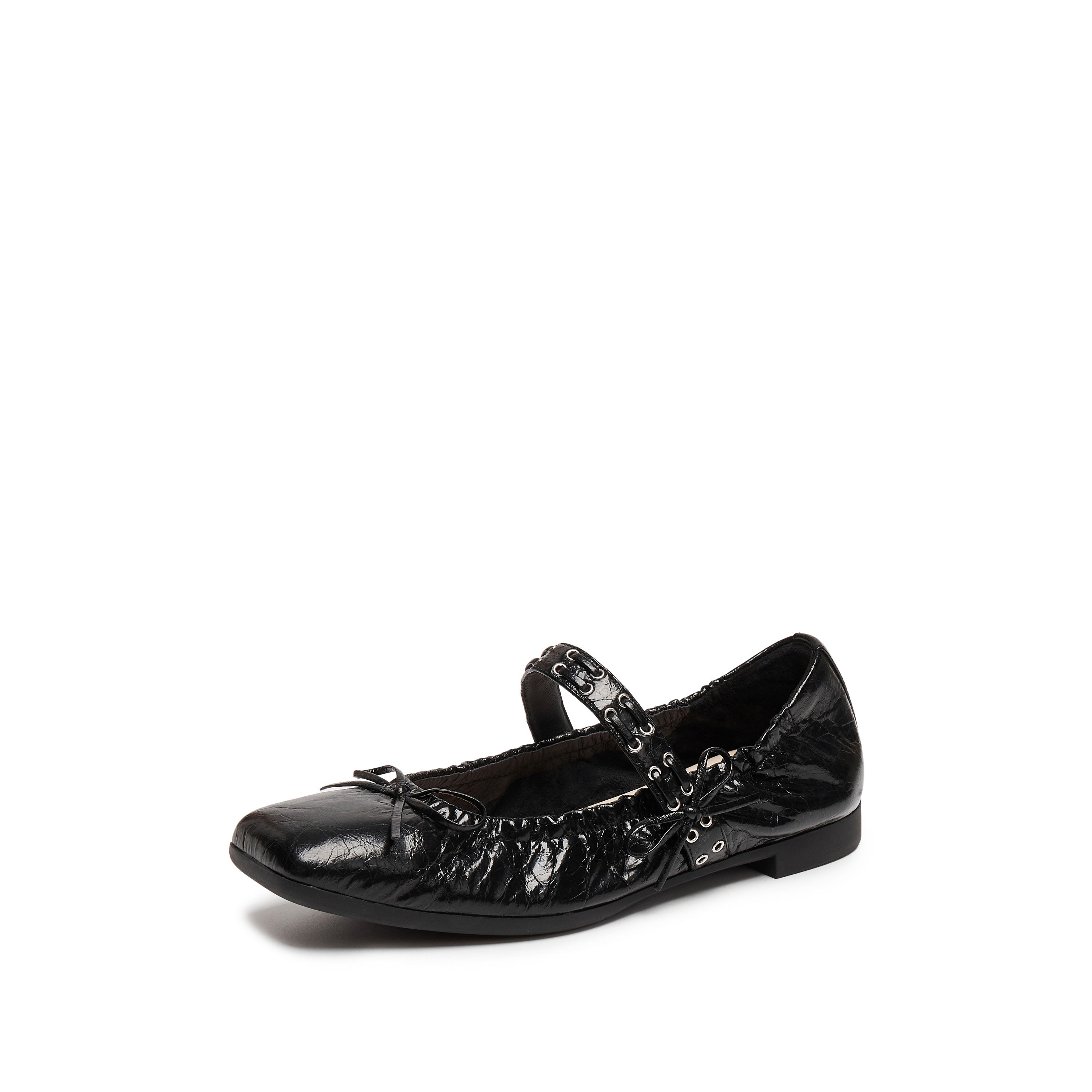 Black Waxy Bow Strappy Ballet Flats