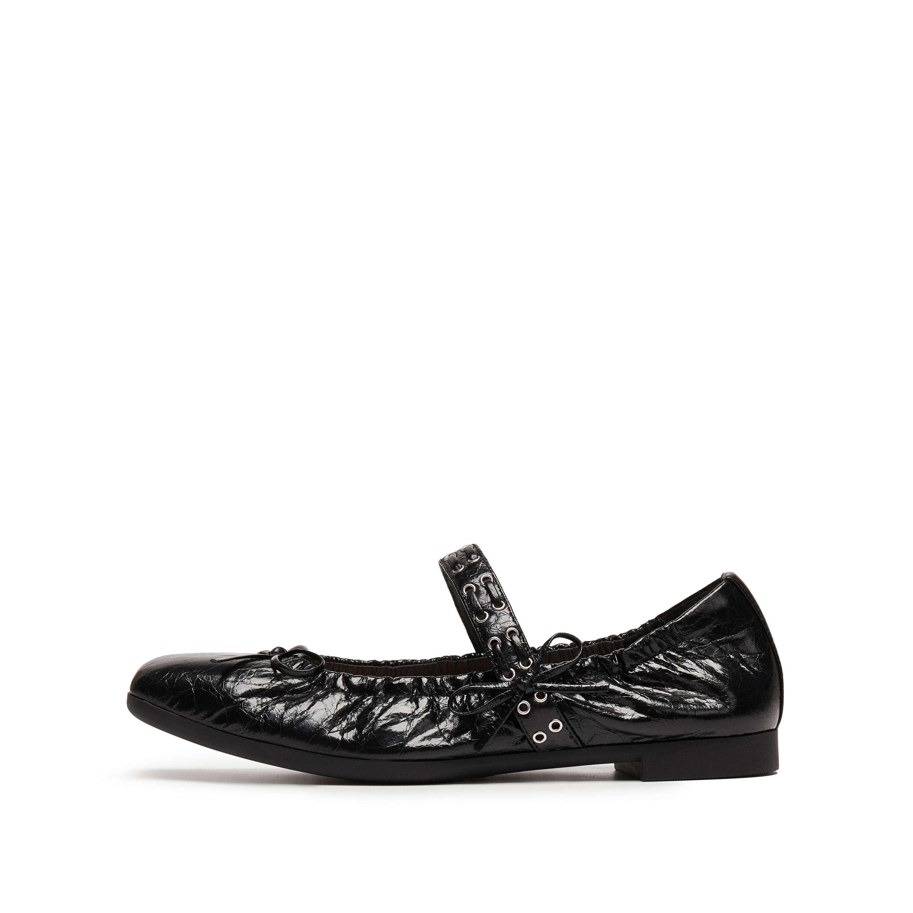 Black Waxy Bow Strappy Ballet Flats