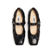 Black Waxy Bow Strappy Ballet Flats