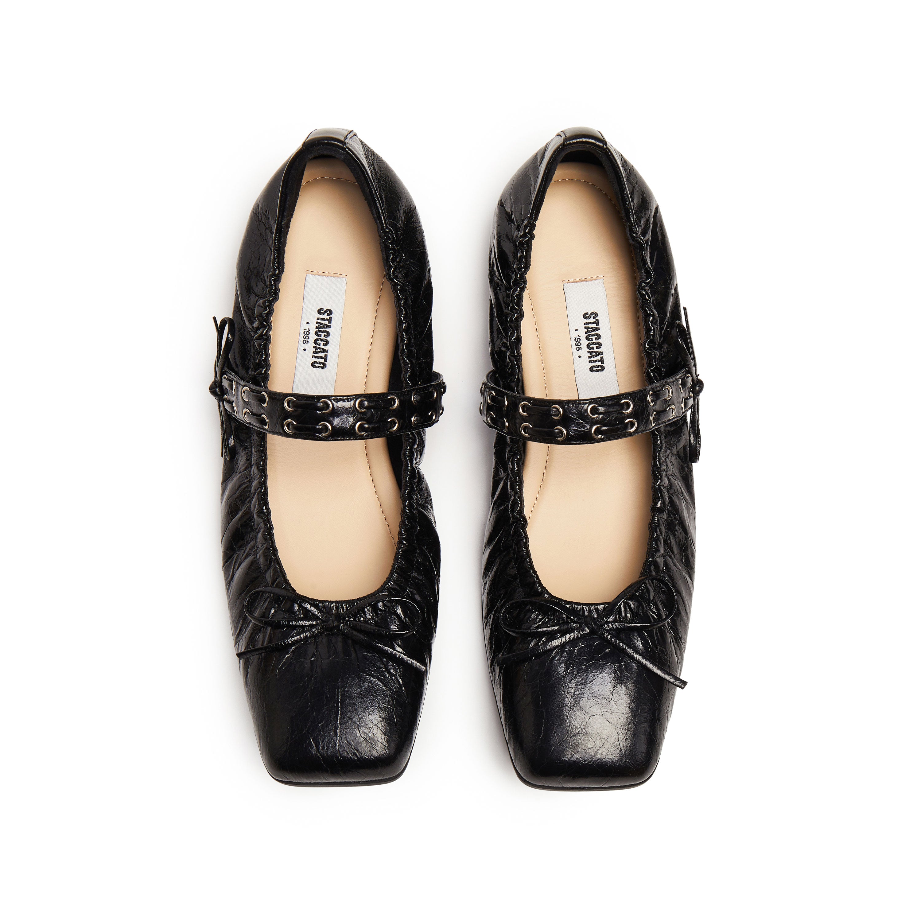 Black Waxy Bow Strappy Ballet Flats