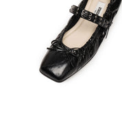 Black Waxy Bow Strappy Ballet Flats