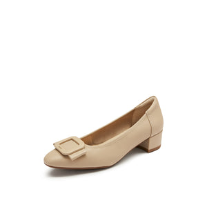 Taupe Bow Buckle Leather Heeled Pumps