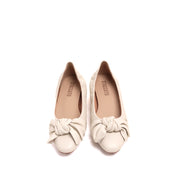 Beige Twisted Bow Leather Comfy Pumps