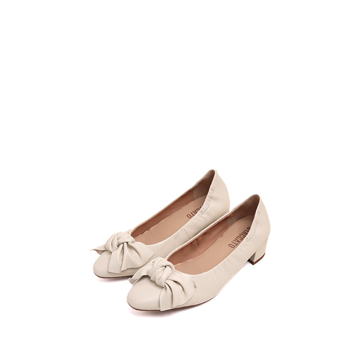 Beige Twisted Bow Leather Comfy Pumps