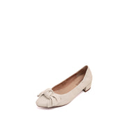 Beige Twisted Bow Leather Comfy Pumps