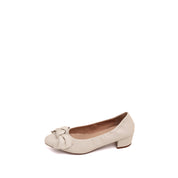 Beige Twisted Bow Leather Comfy Pumps