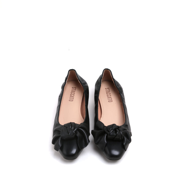 Black Twisted Bow Leather Comfy Pumps