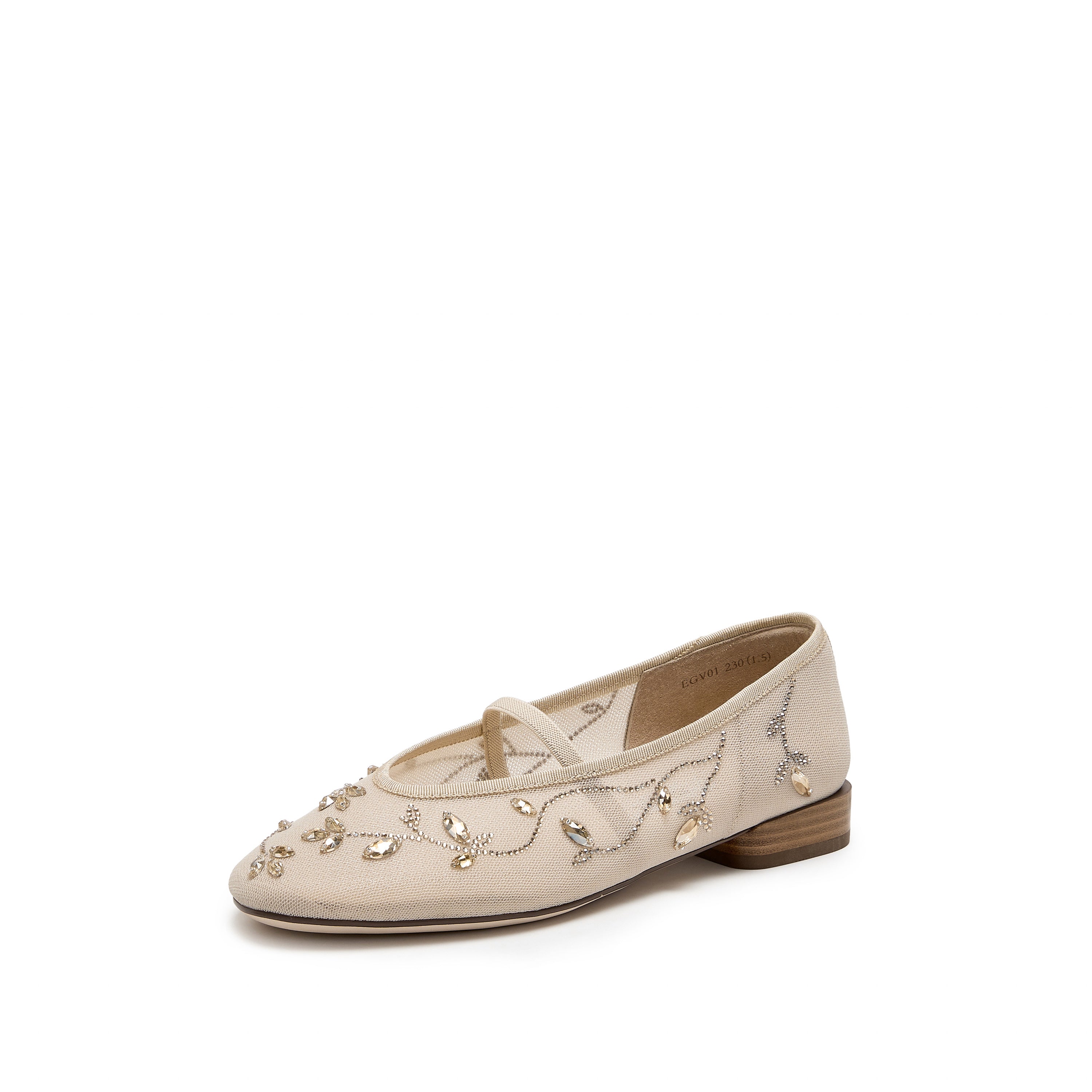 Taupe Crystal Floral Mesh Mary Jane Ballet Flats