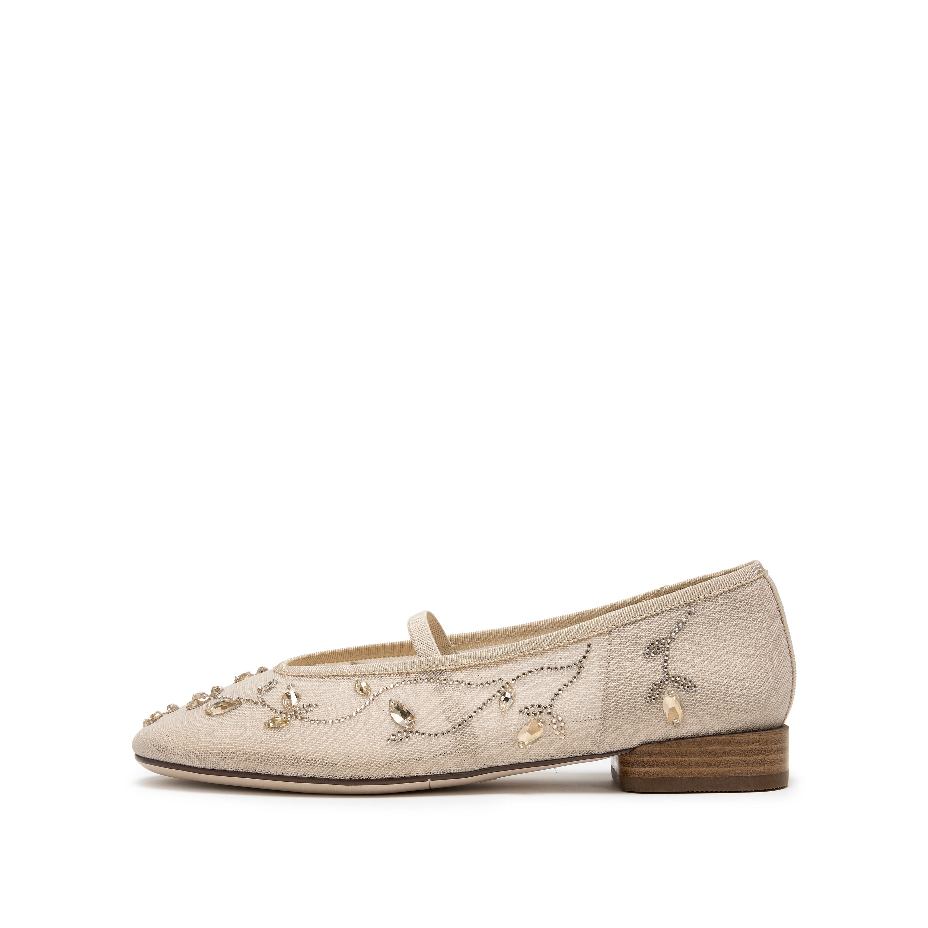 Taupe Crystal Floral Mesh Mary Jane Ballet Flats