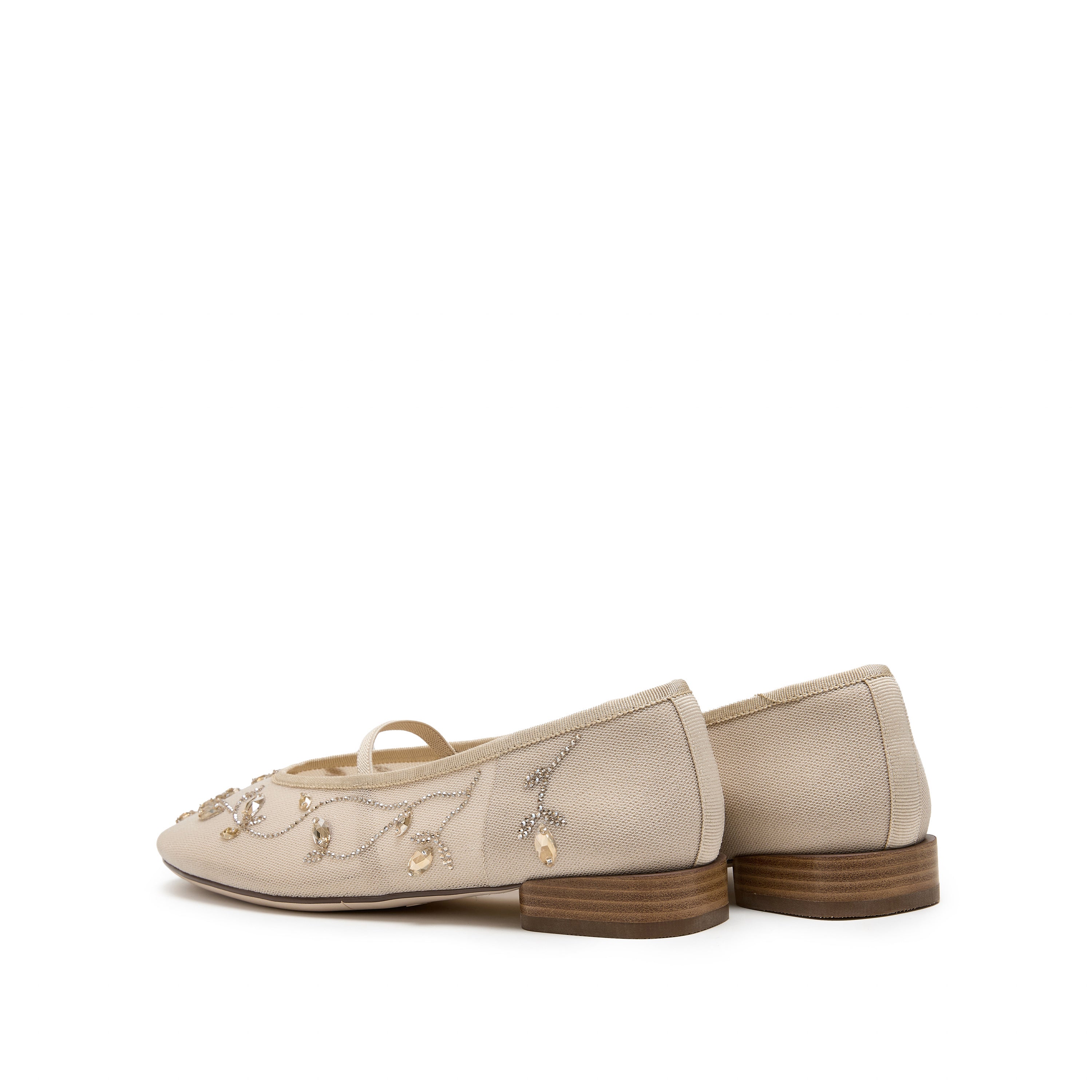 Taupe Crystal Floral Mesh Mary Jane Ballet Flats
