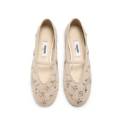 Taupe Crystal Floral Mesh Mary Jane Ballet Flats