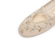 Taupe Crystal Floral Mesh Mary Jane Ballet Flats