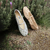 Taupe Crystal Floral Mesh Mary Jane Ballet Flats