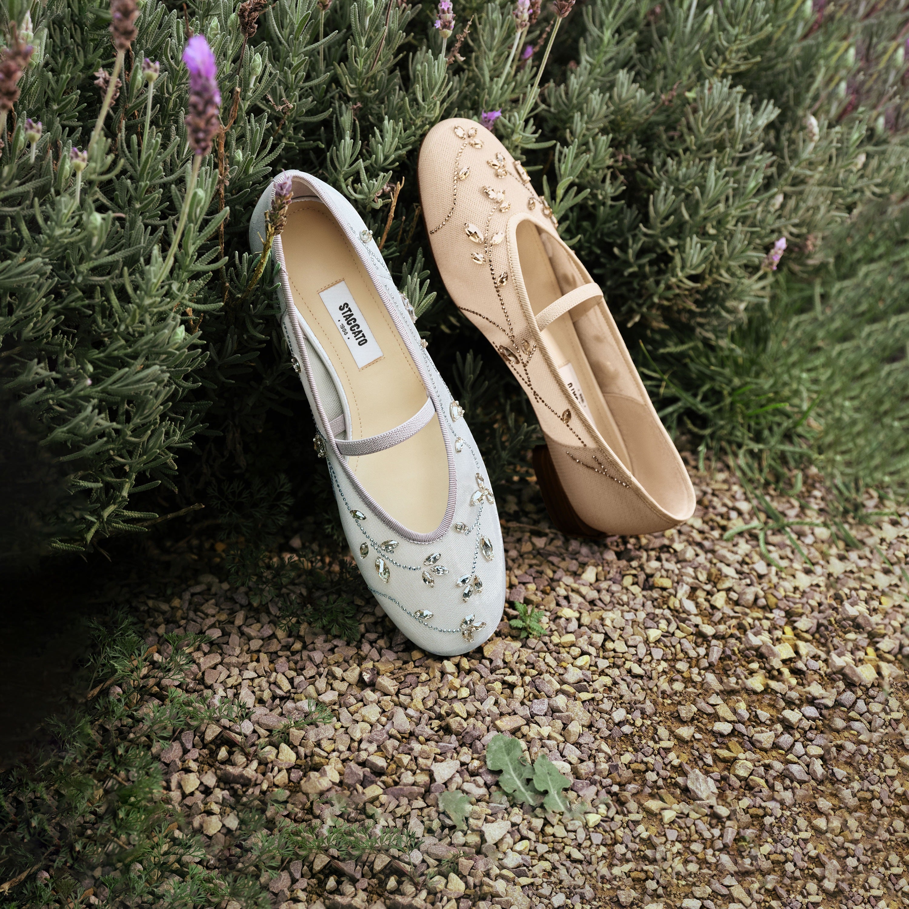Taupe Crystal Floral Mesh Mary Jane Ballet Flats