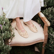 Taupe Crystal Floral Mesh Mary Jane Ballet Flats