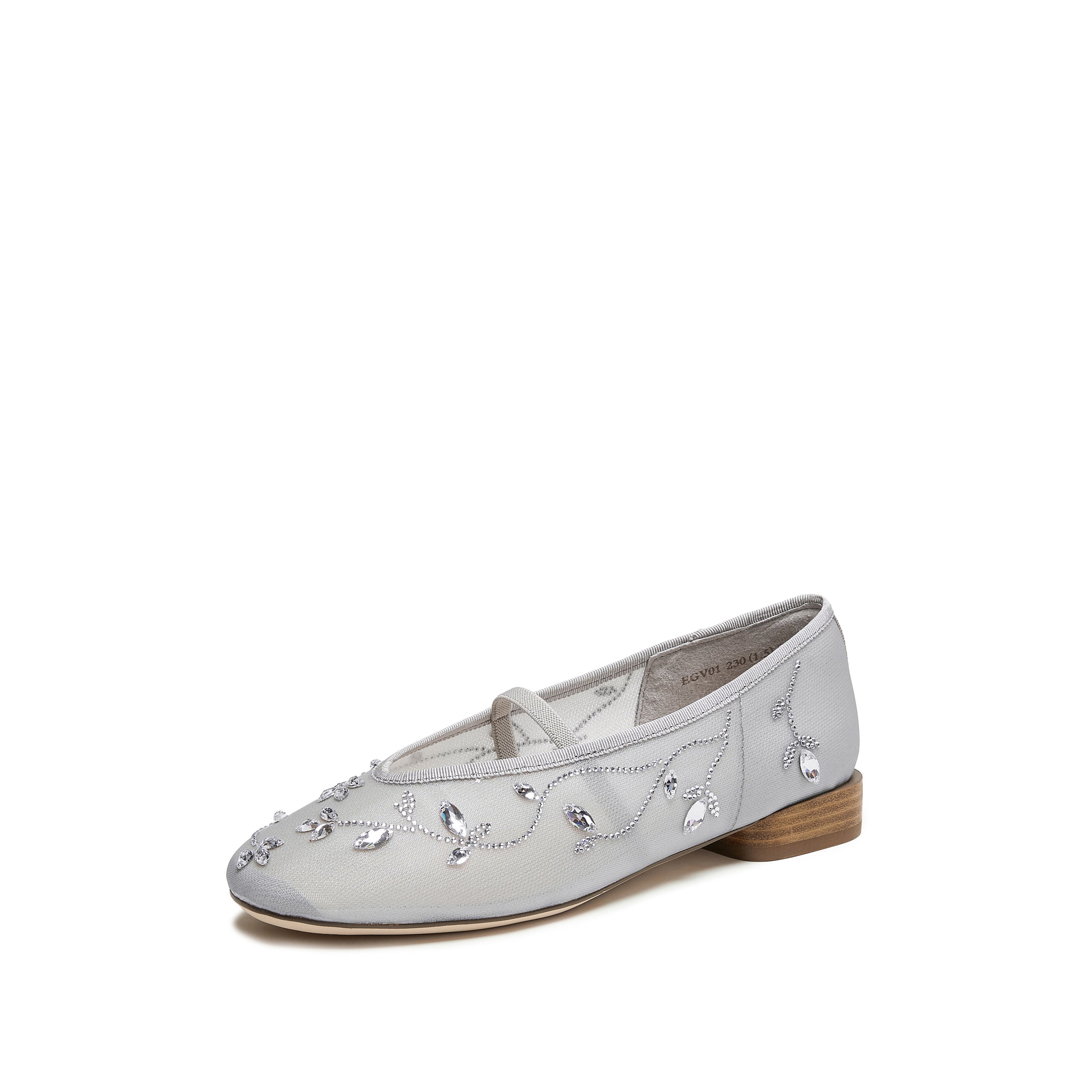 Grey Crystal Floral Mesh Mary Jane Ballet Flats