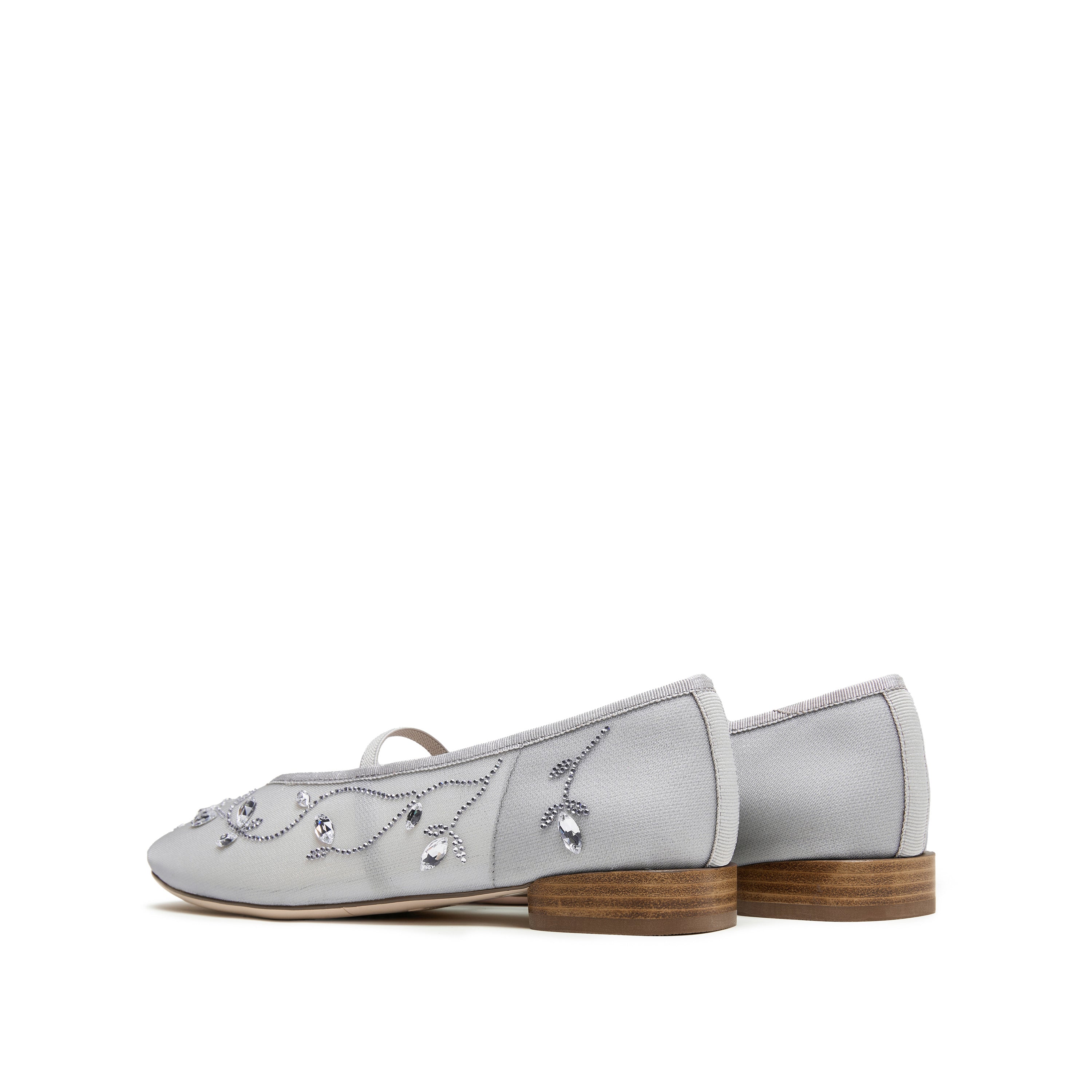 Grey Crystal Floral Mesh Mary Jane Ballet Flats