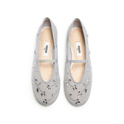 Grey Crystal Floral Mesh Mary Jane Ballet Flats