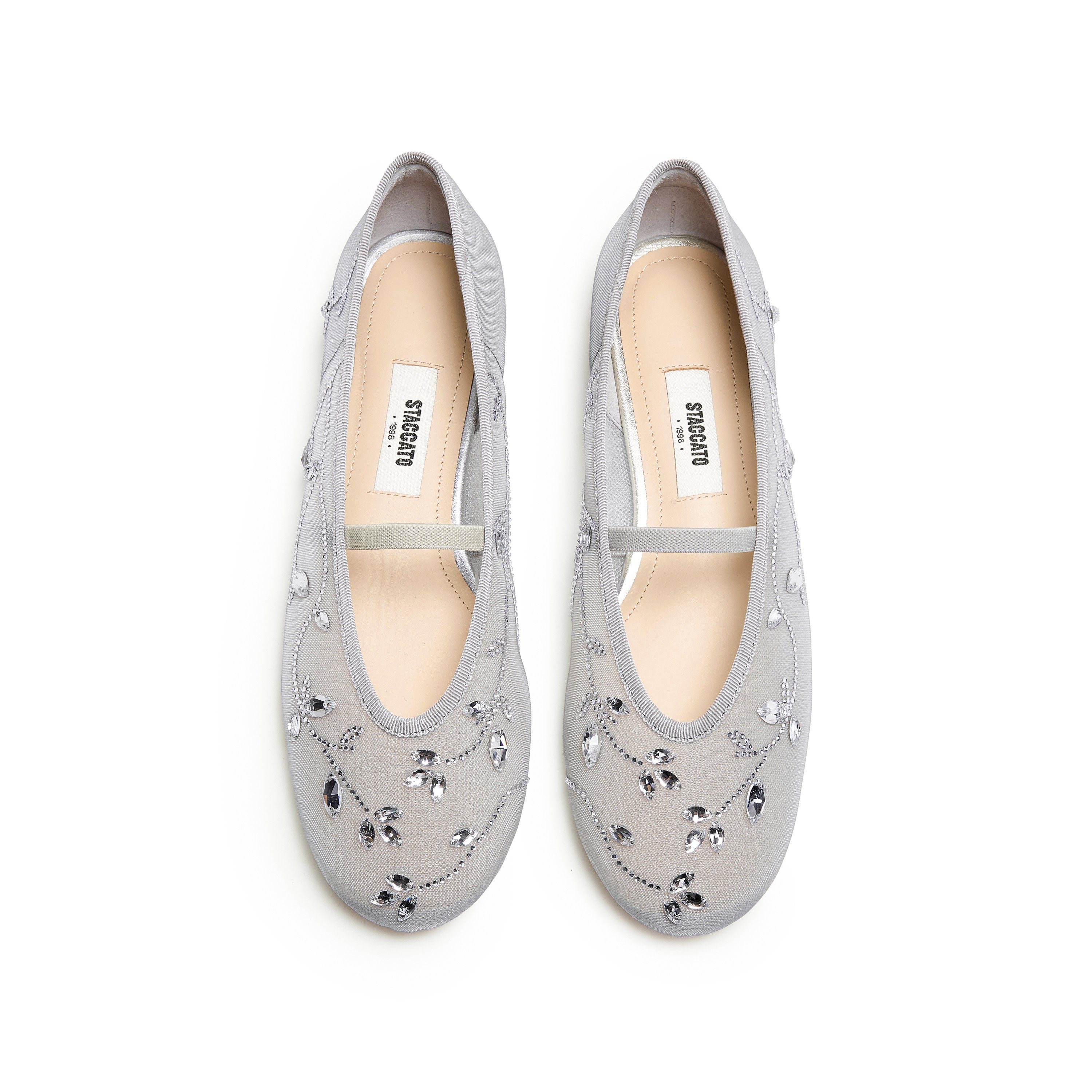 Grey Crystal Floral Mesh Mary Jane Ballet Flats