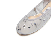 Grey Crystal Floral Mesh Mary Jane Ballet Flats
