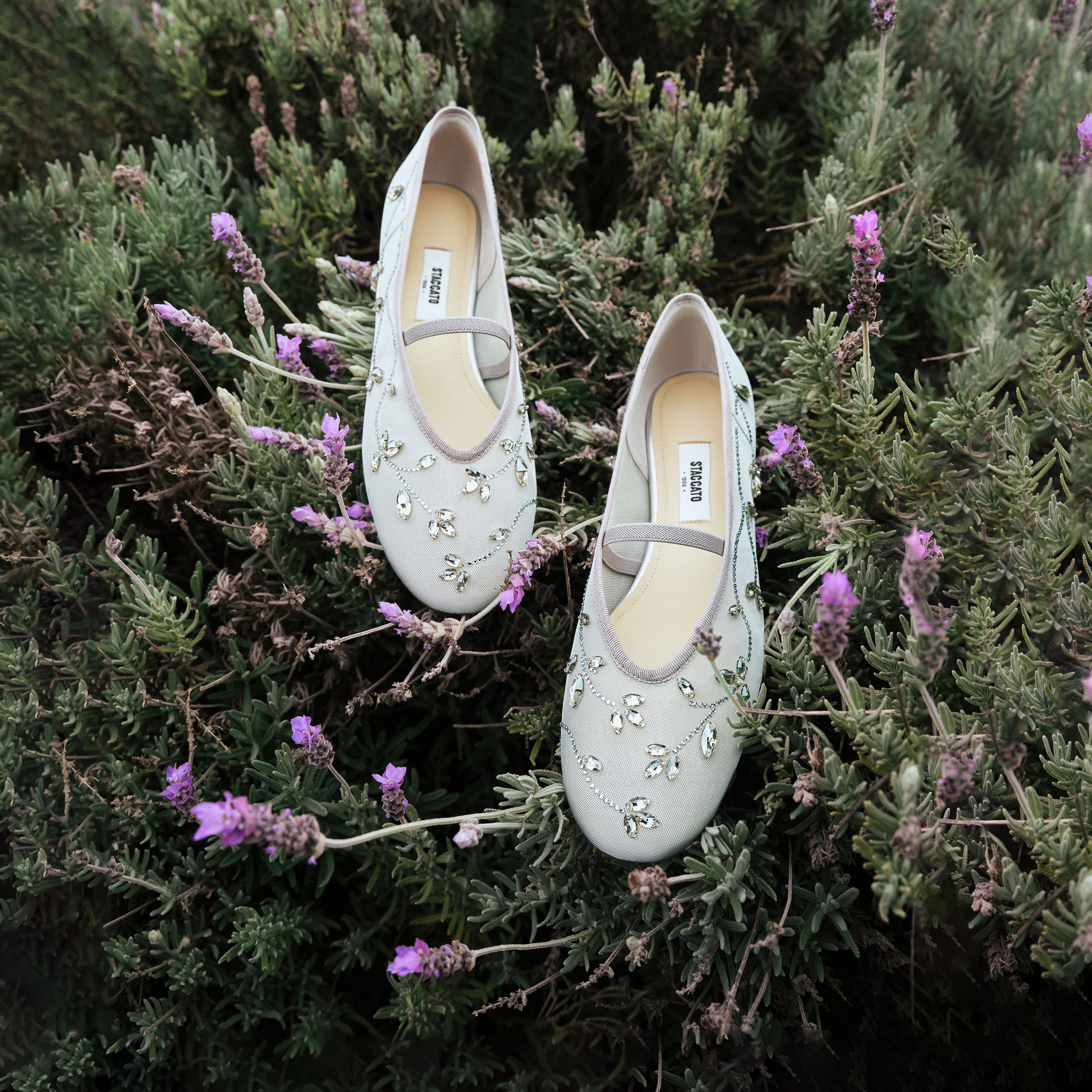 Grey Crystal Floral Mesh Mary Jane Ballet Flats