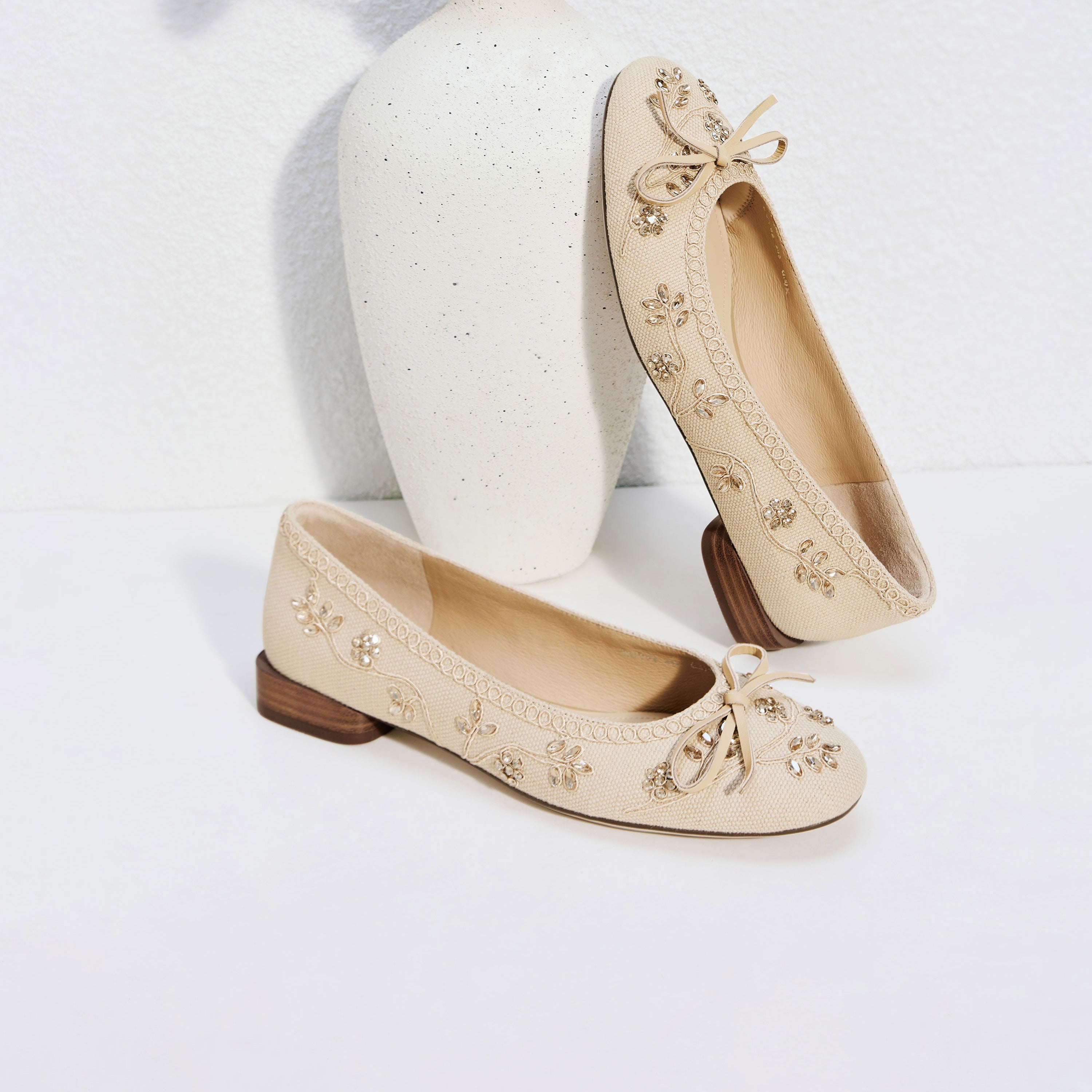 Taupe Crystal Floral Bow Ballet Flats