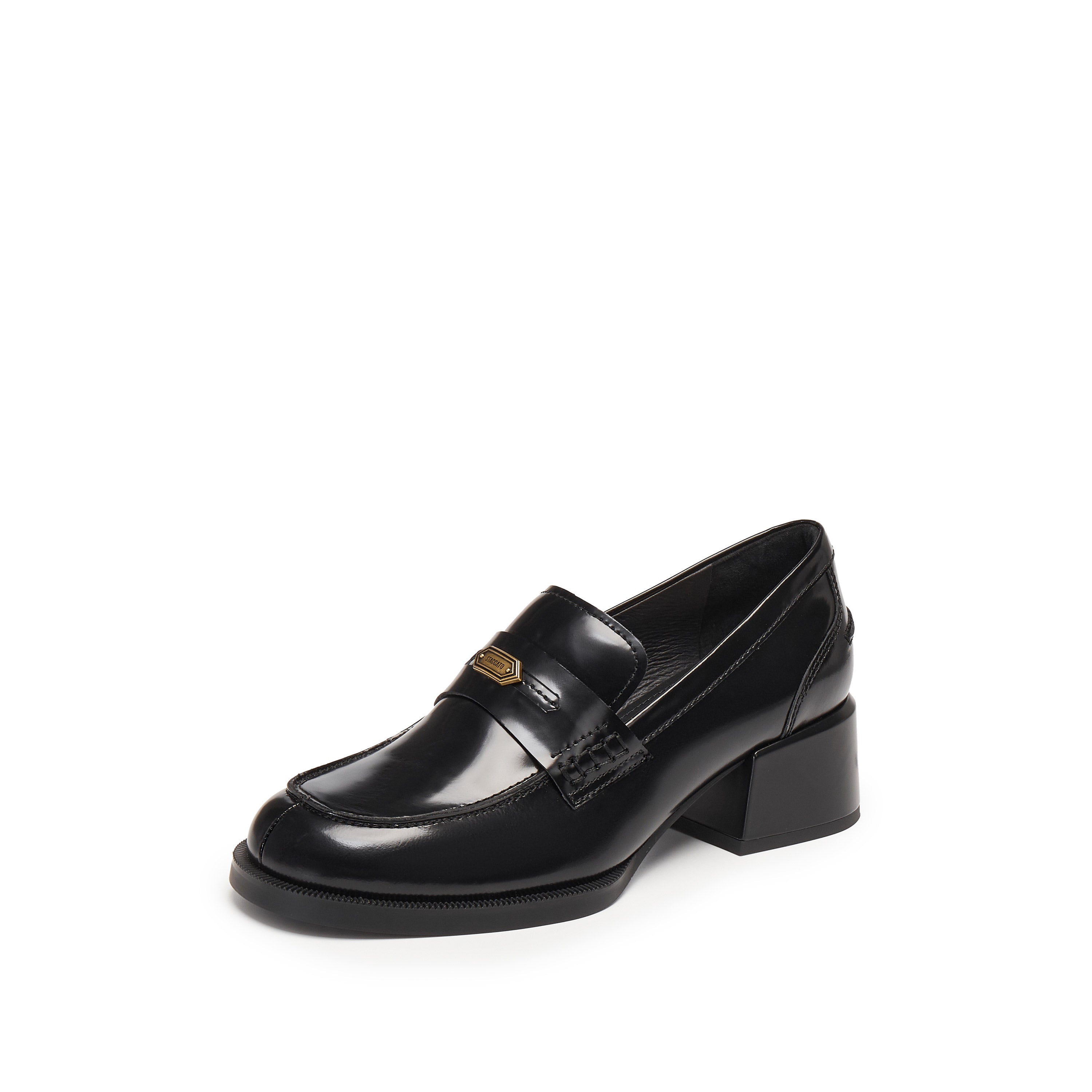 Black ST Leaf Leather Heeled Loafers