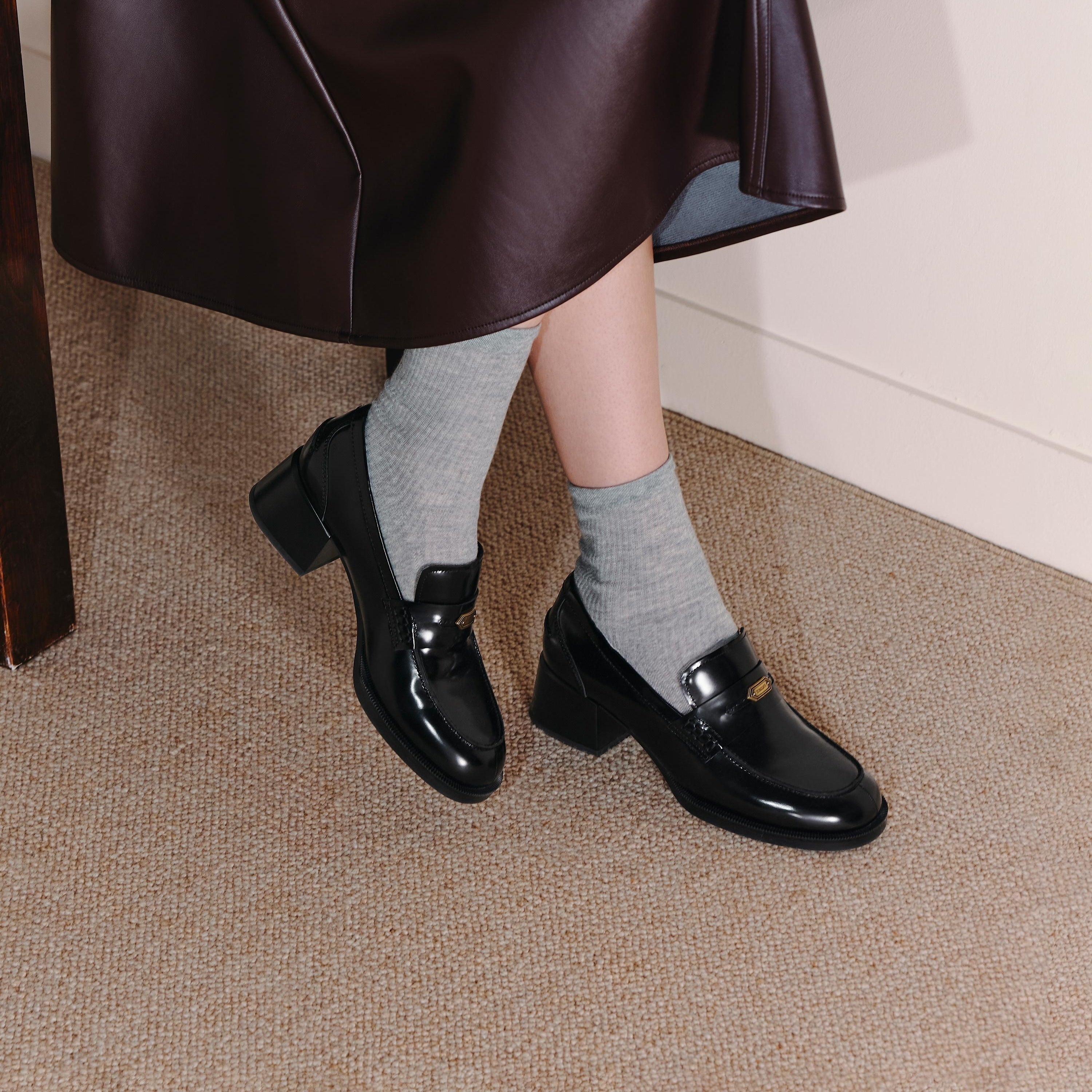 Black ST Leaf Leather Heeled Loafers