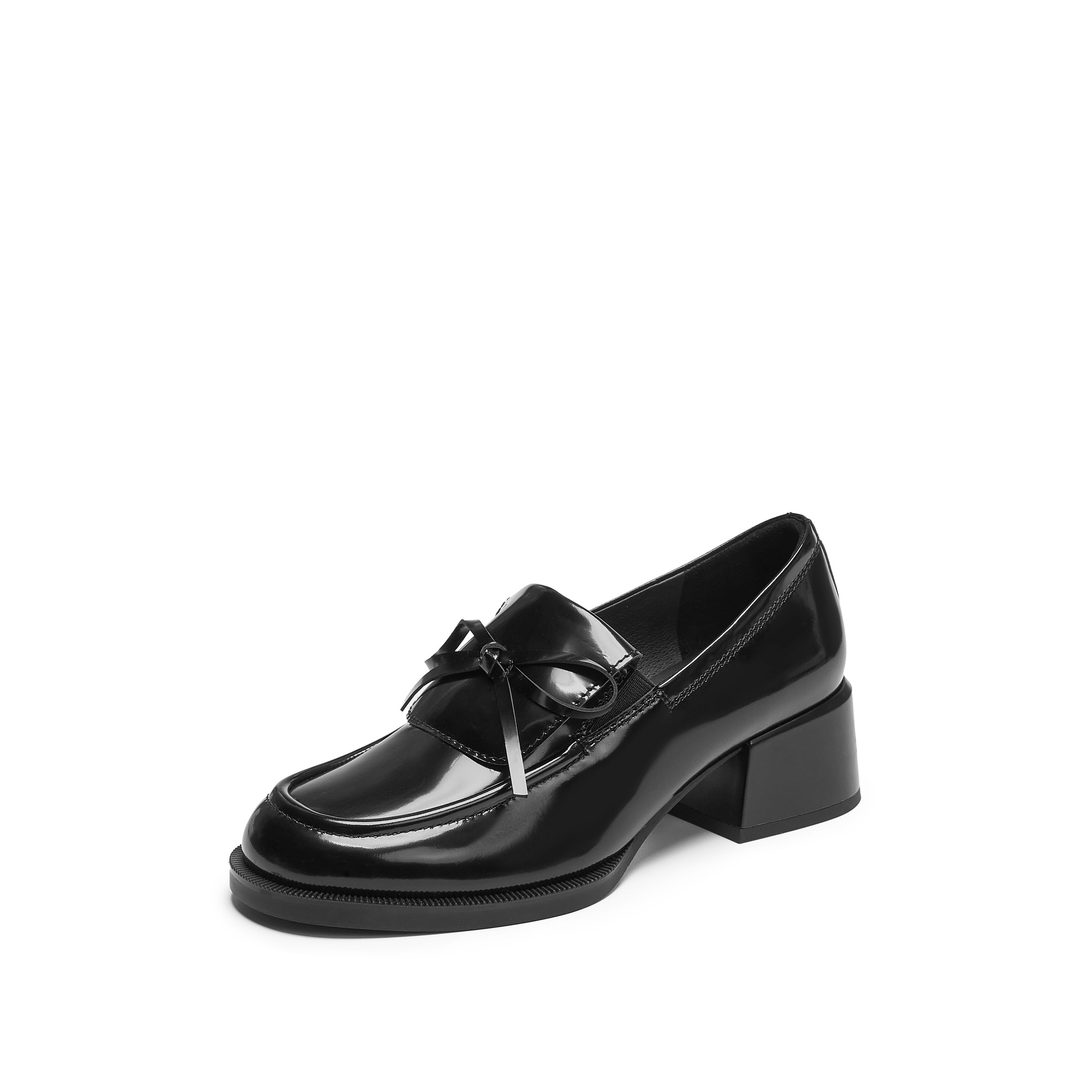 Black Leather Bow Classic Heeled Loafers