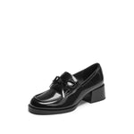 Load image into Gallery viewer, Black Leather Bow Classic Heeled Loafers
