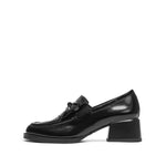 Load image into Gallery viewer, Black Leather Bow Classic Heeled Loafers
