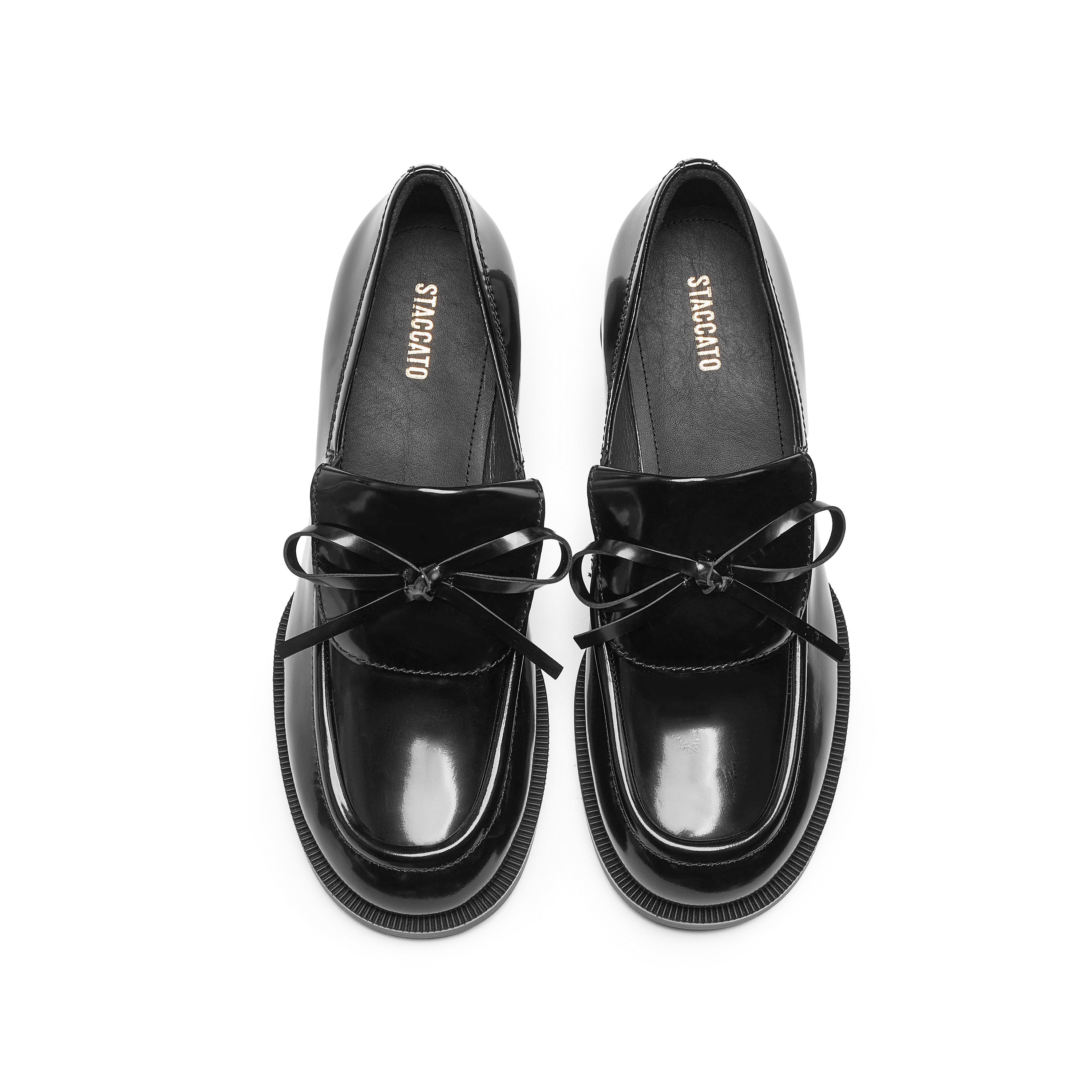 Black Leather Bow Classic Heeled Loafers