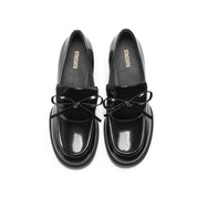Black Leather Bow Classic Heeled Loafers