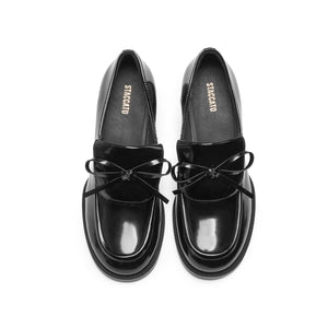 Black Leather Bow Classic Heeled Loafers