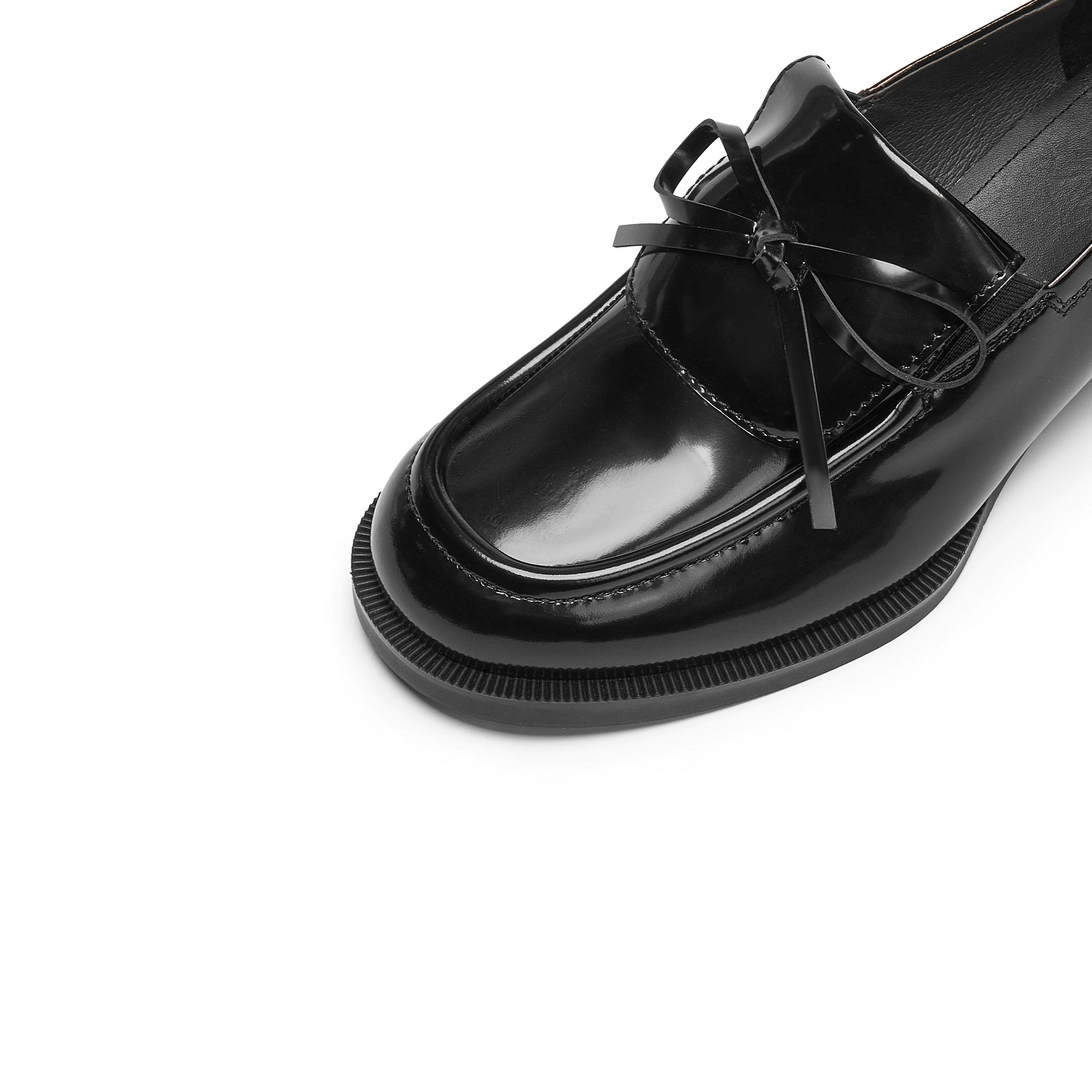 Black Leather Bow Classic Heeled Loafers