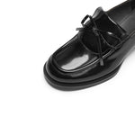 Load image into Gallery viewer, Black Leather Bow Classic Heeled Loafers
