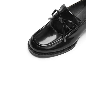Black Leather Bow Classic Heeled Loafers