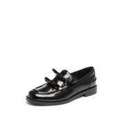 Black Double Bow Leather Penny Loafers