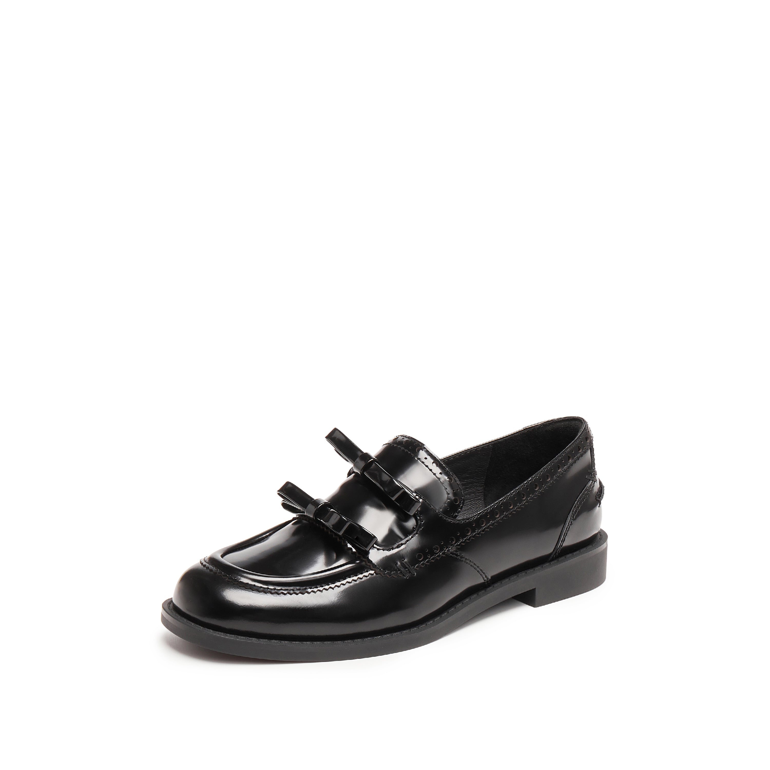 Black Double Bow Leather Penny Loafers