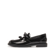 Black Double Bow Leather Penny Loafers