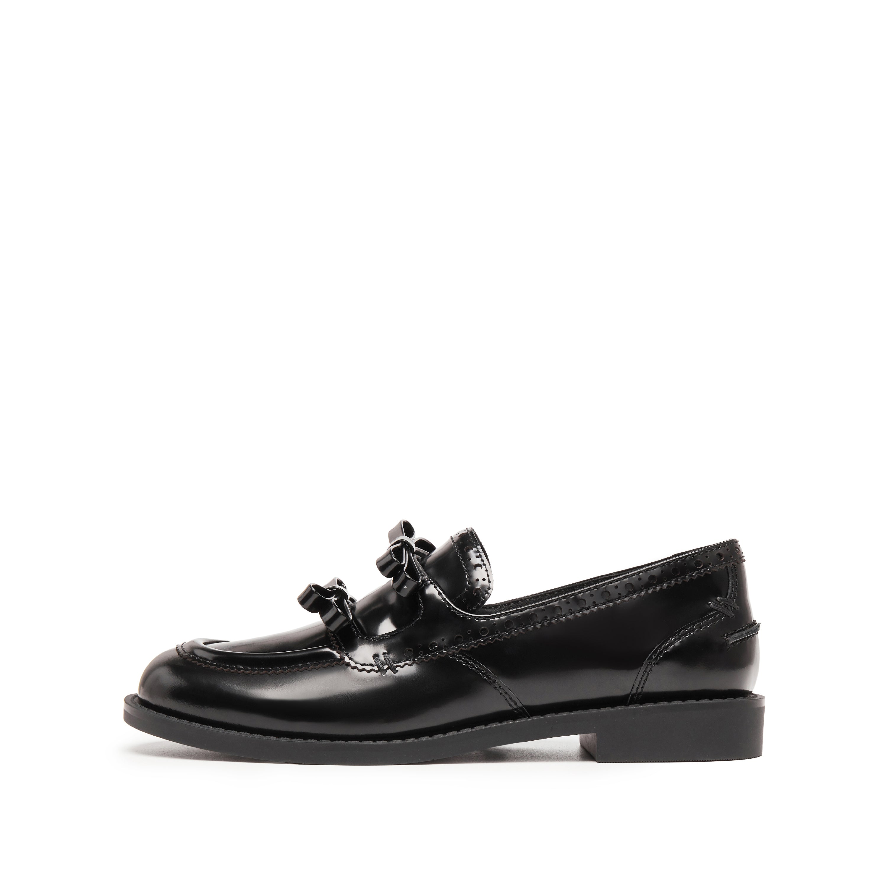 Black Double Bow Leather Penny Loafers