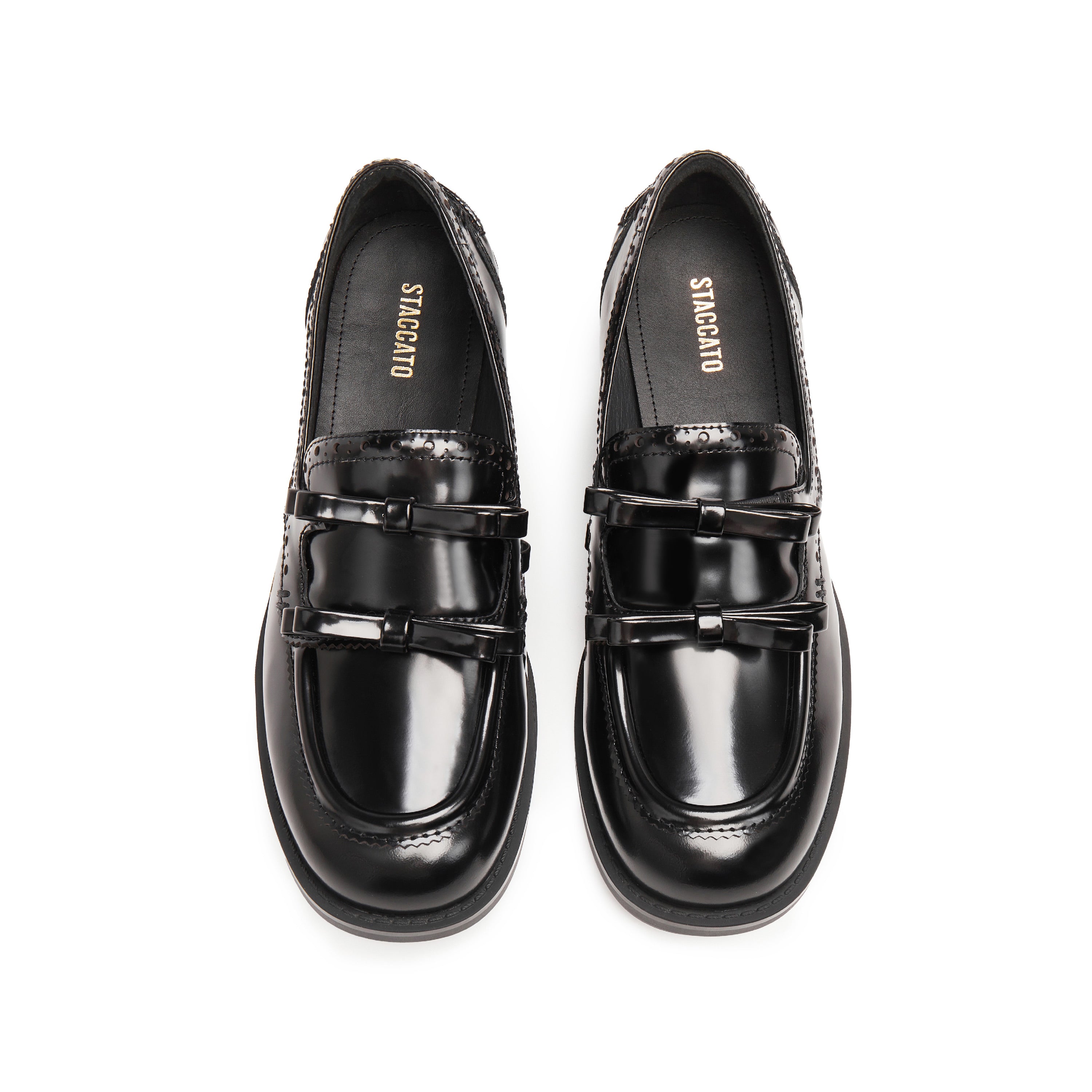 Black Double Bow Leather Penny Loafers